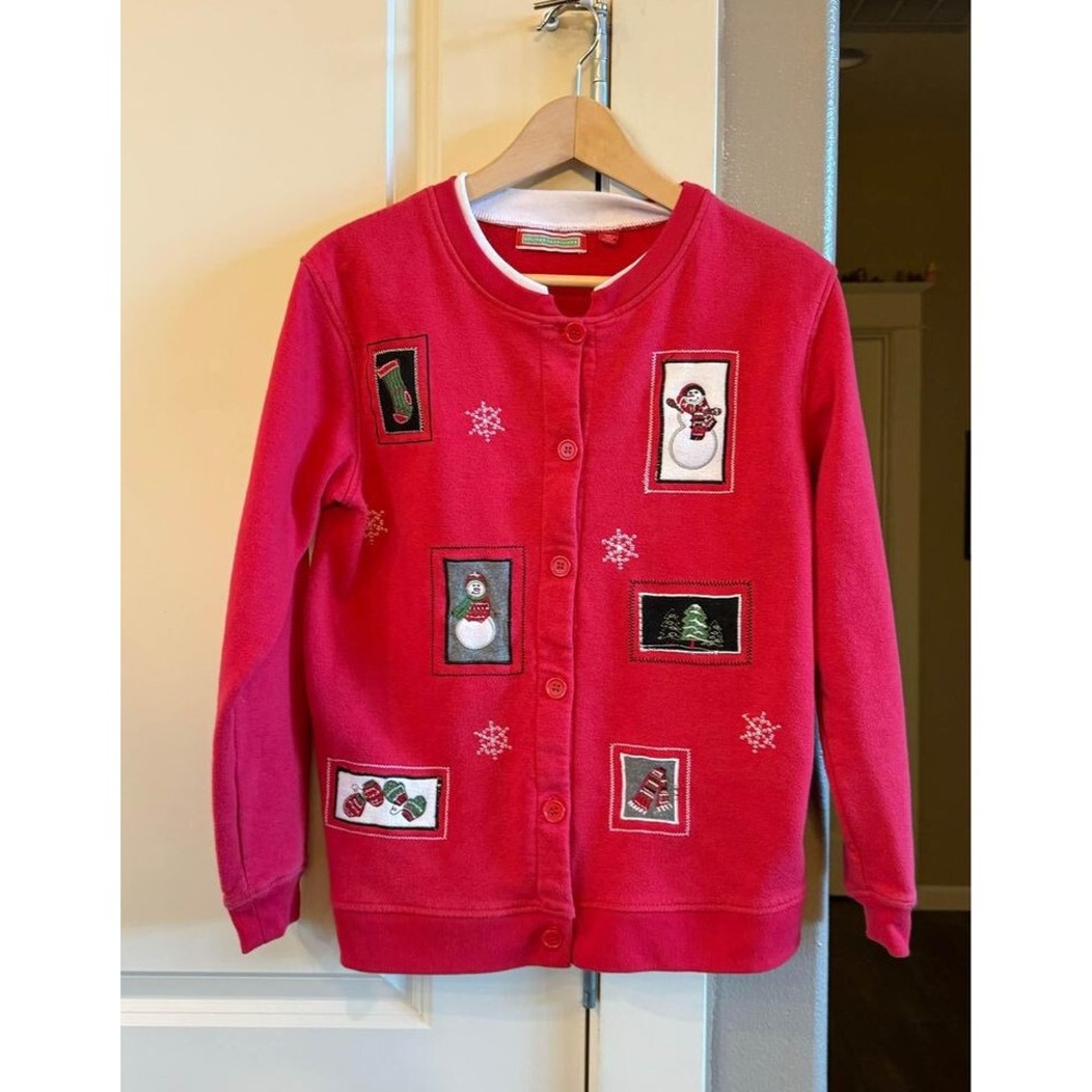 Wmn's Red Holiday Festive Grandmacore Ugly Christmas Cardigan Sweatshirt-Size M